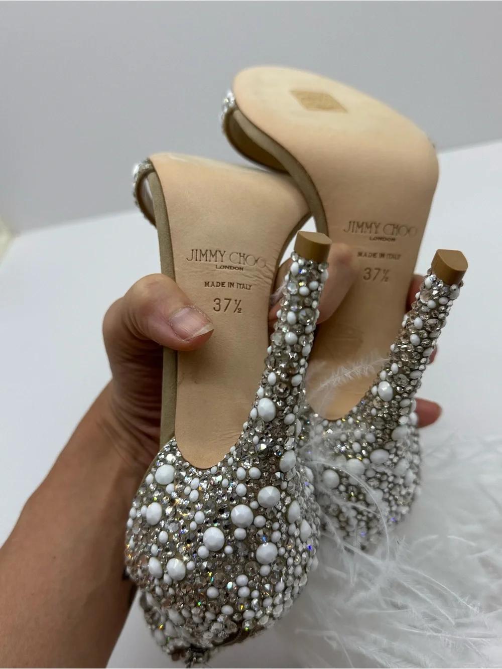 NWT Jimmy Choo Viola 110 Crystal & Ostrich Feather Heels  Size 37.5 - Picture 7 of 9